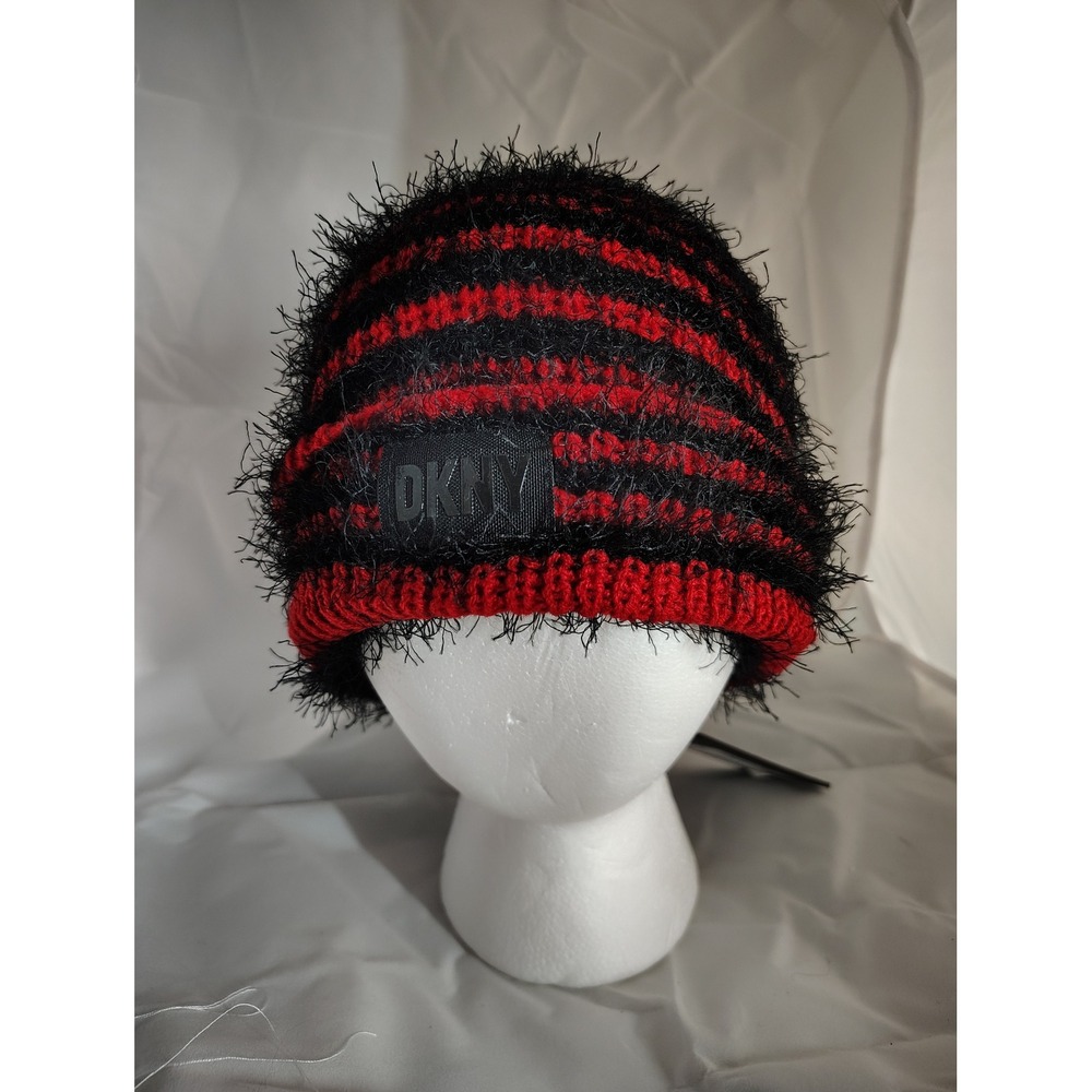 DKNY‎ Red & Black Striped Fuzzy Knit Beanie Hat Winter Warm Stylish